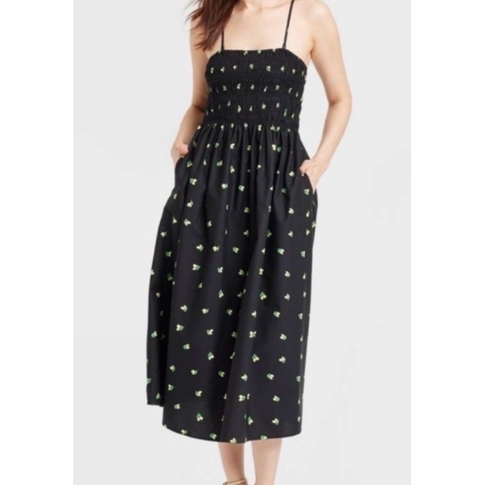 A New Day Women's XXL Smocked Midi Black Dress Yellow Lemon Print Dark Cottage‎
